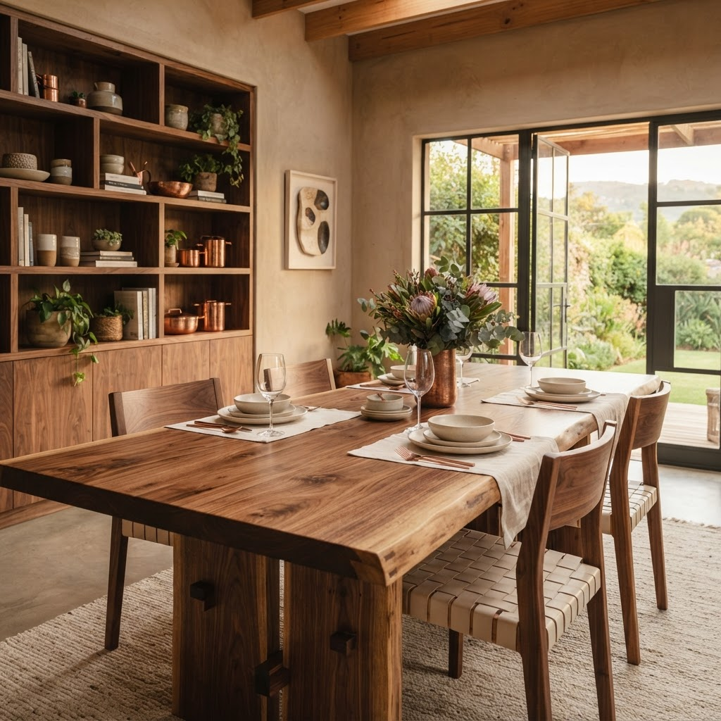 Bespoke solid timber dining table and shelving handcrafted for a Johannesburg home by The Timber Studio