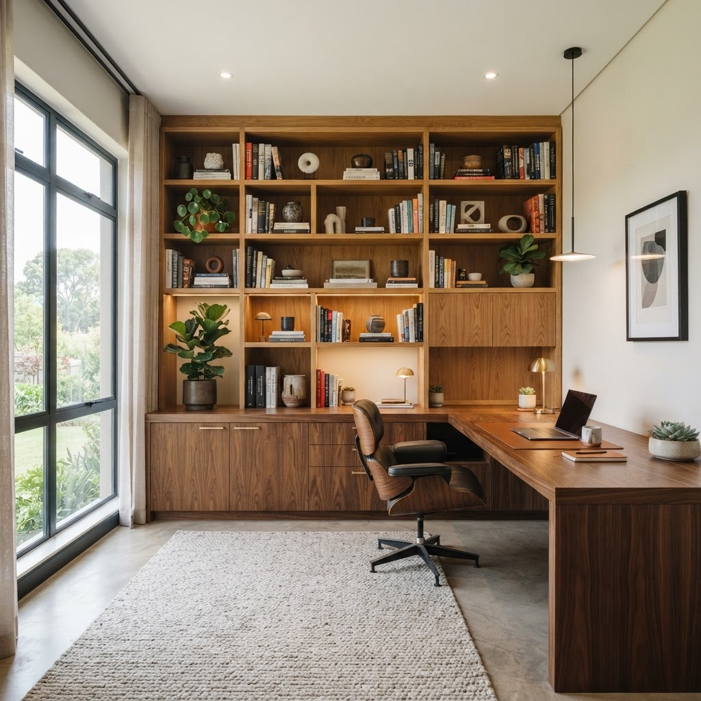 Custom built-in home office with timber desk and floor-to-ceiling shelving fitted for a Johannesburg home