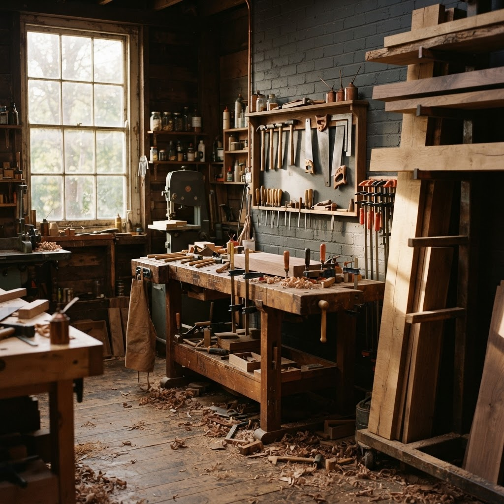 Inside The Timber Studio workshop with timber and hand tools