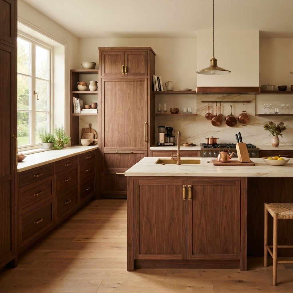Custom timber kitchen with brass handles installed in a Gauteng home