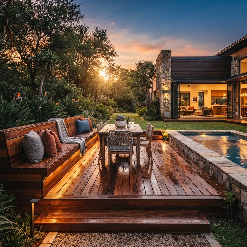 Completed hardwood outdoor deck with built-in bench in Fourways