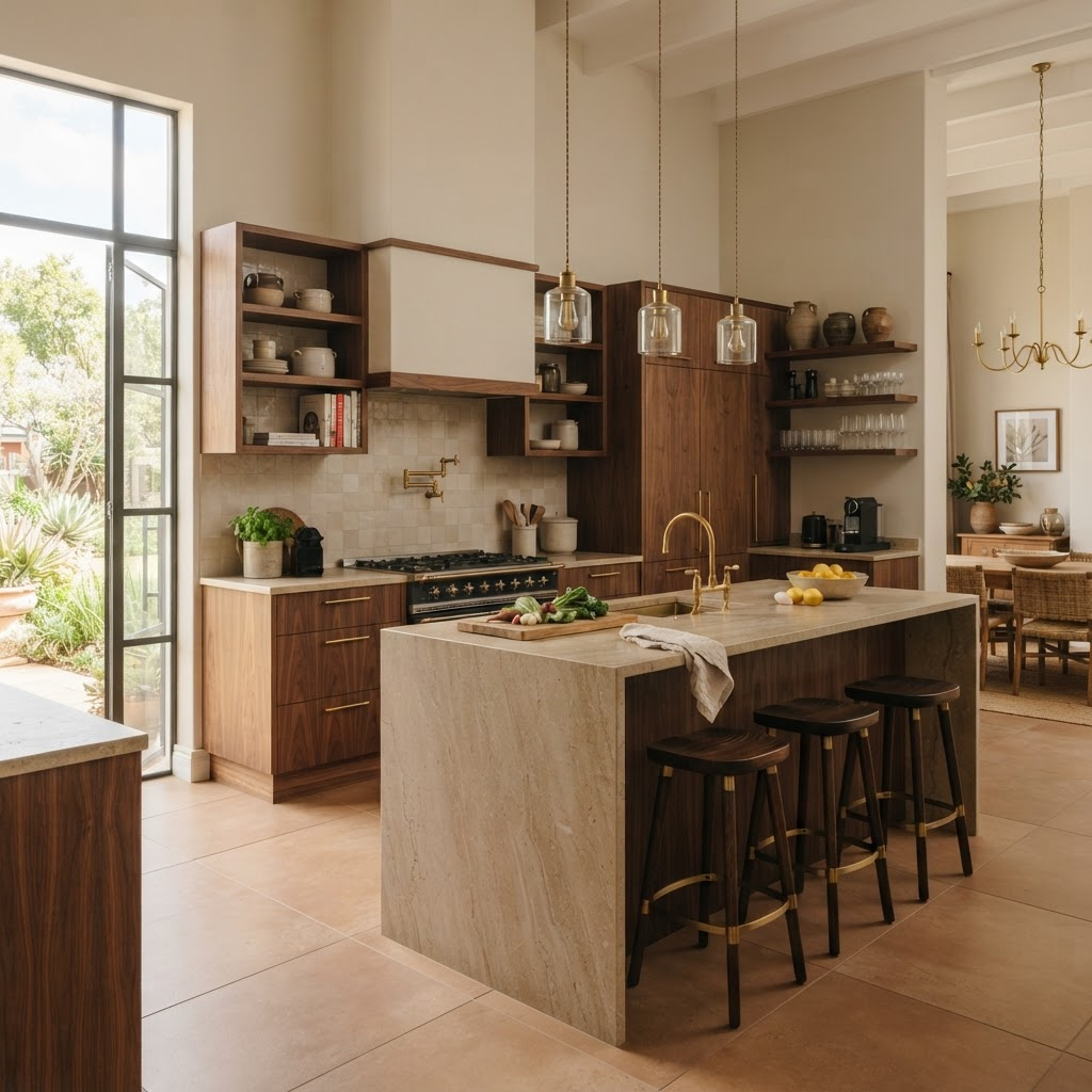 Completed custom walnut kitchen with brass handles in Sandton