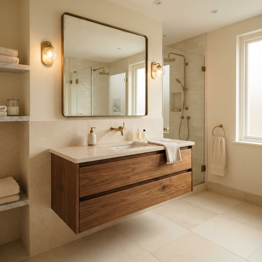 Custom floating timber bathroom vanity with stone top in Centurion
