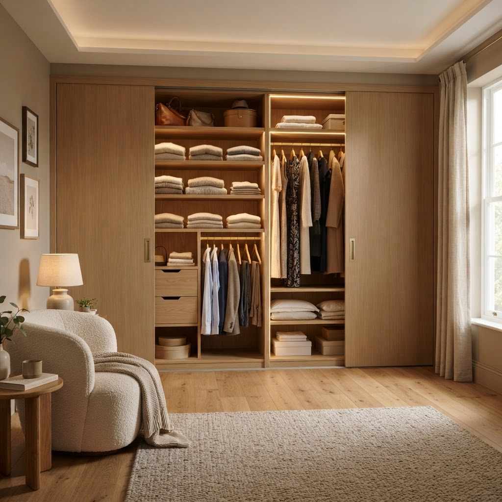 Built-in wardrobe with sliding doors and oak interior in Pretoria