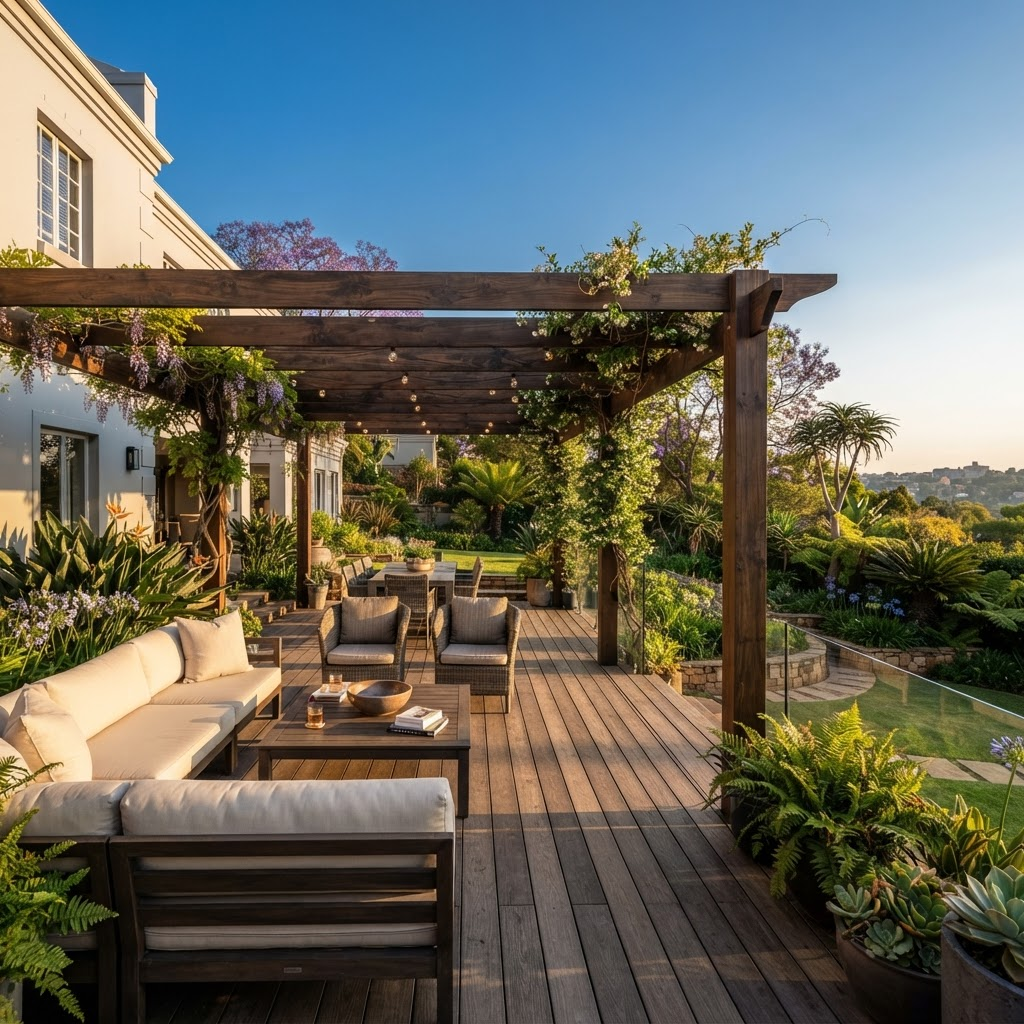 Custom timber pergola over a patio with decking in an upscale Johannesburg garden built by The Timber Studio